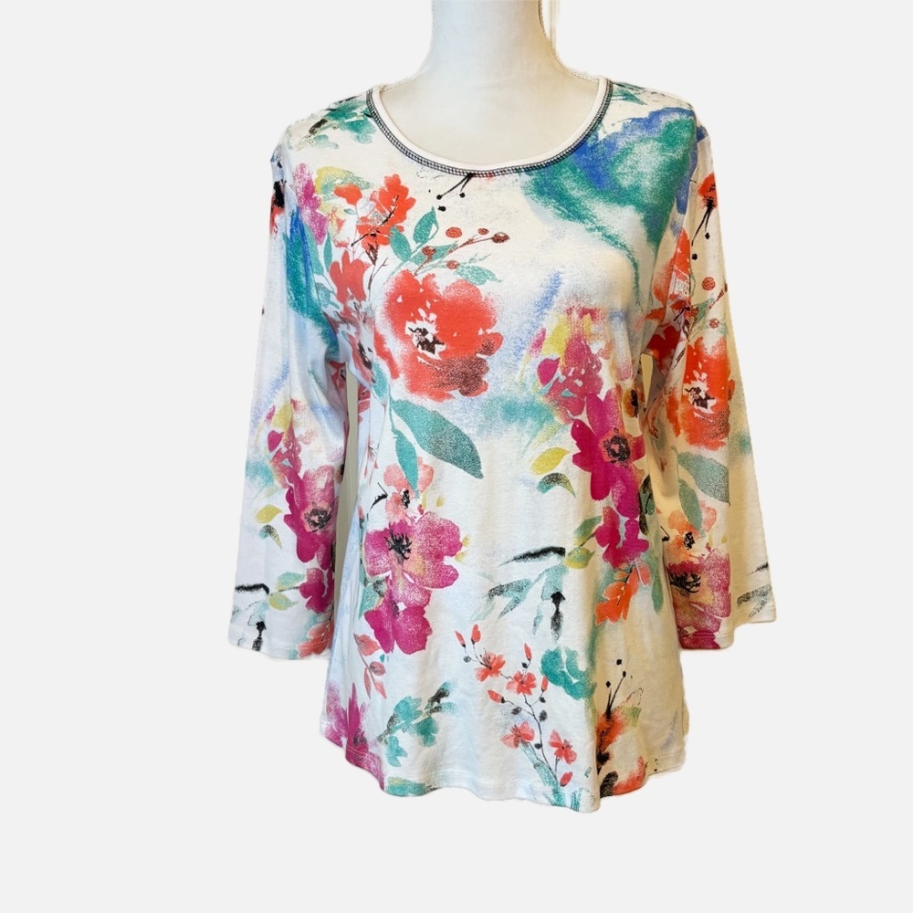 Jess & Jane Floral Top Watercolor Floral 3/4 Sleeve Women’s Large Artsy